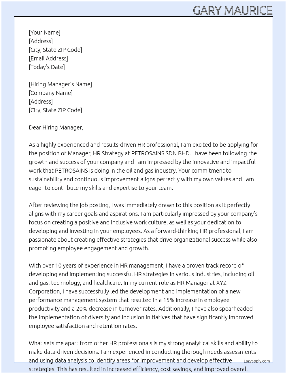 Manager, HR Strategy At PETROSAINS SDN BHD Cover Letter