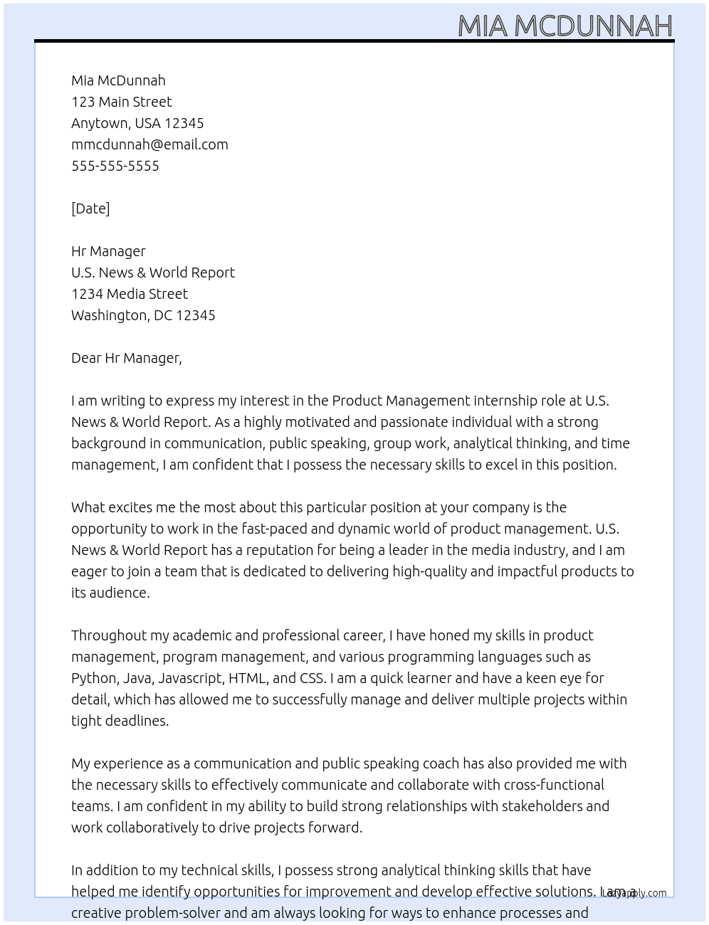 Product Management At U.S. News & World Report Cover Letter