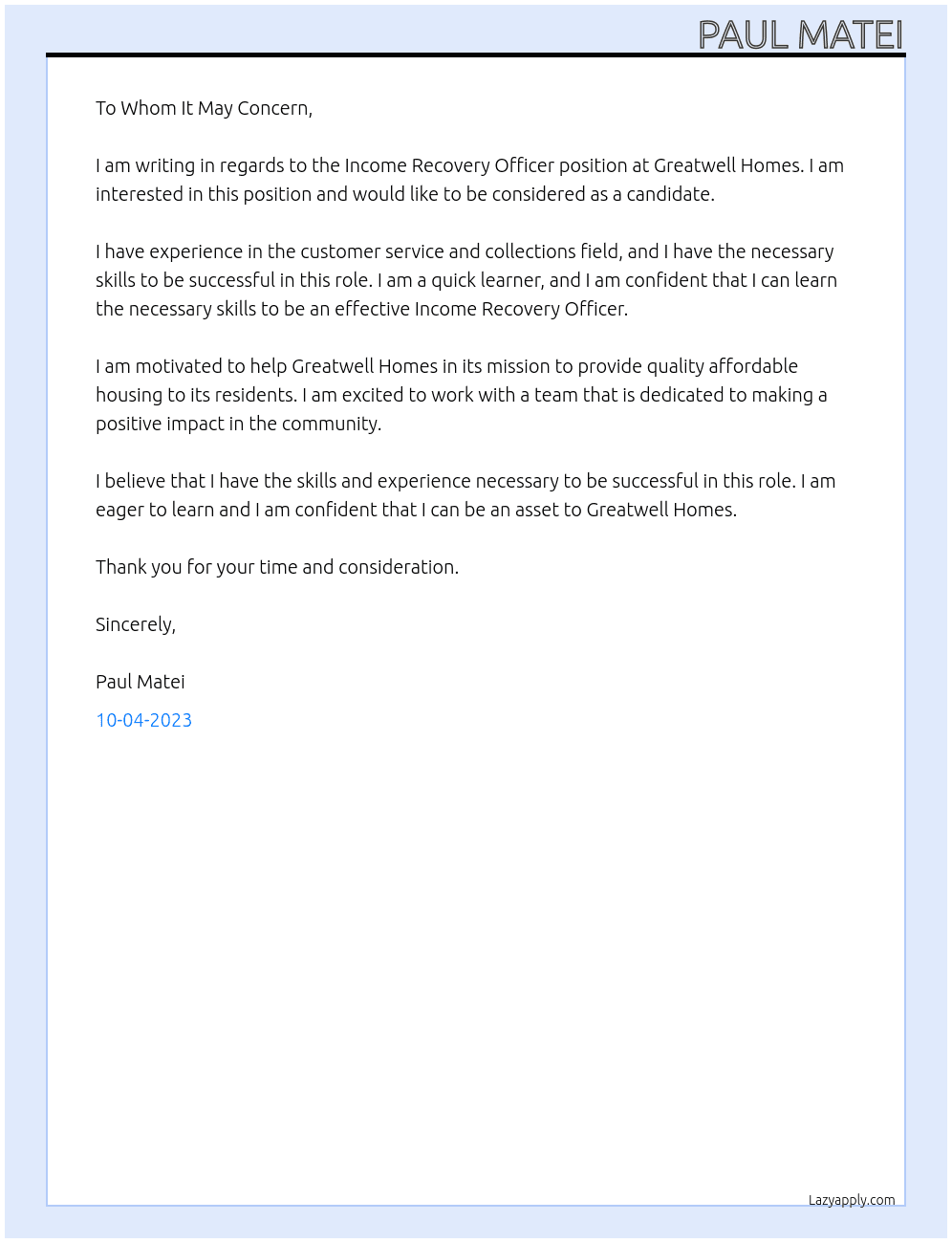 income recovery officer At Greatwell Homes Cover Letter