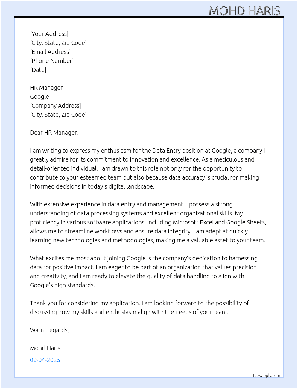 Data entry  At Google  Cover Letter