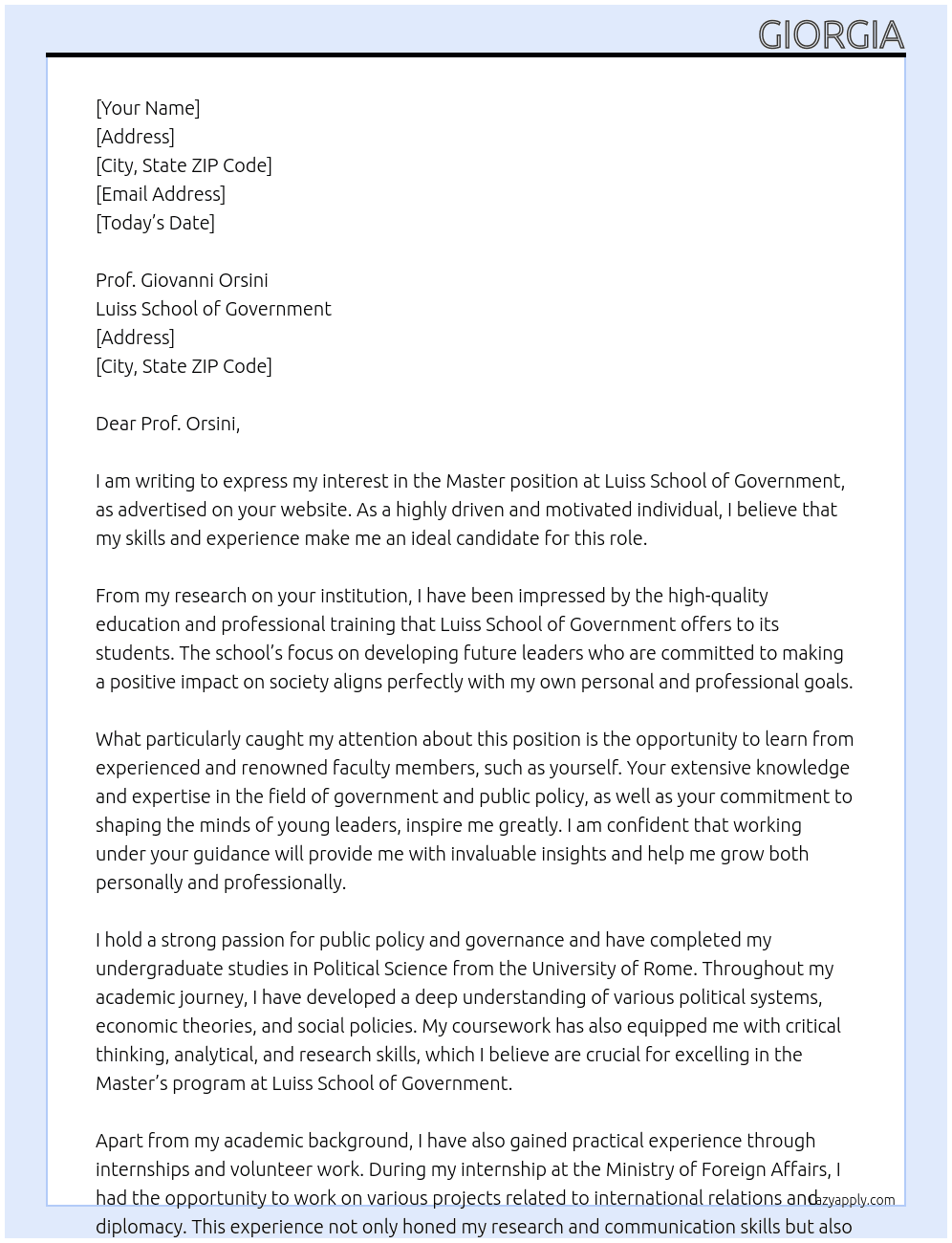 Master At Luiss School of Government  Cover Letter
