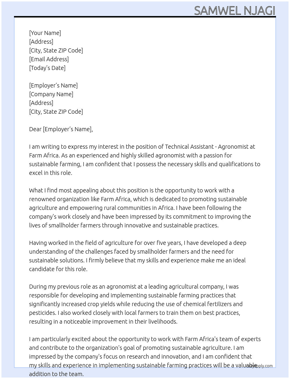 Cover letter for technical assistant - agronomist - LazyApply