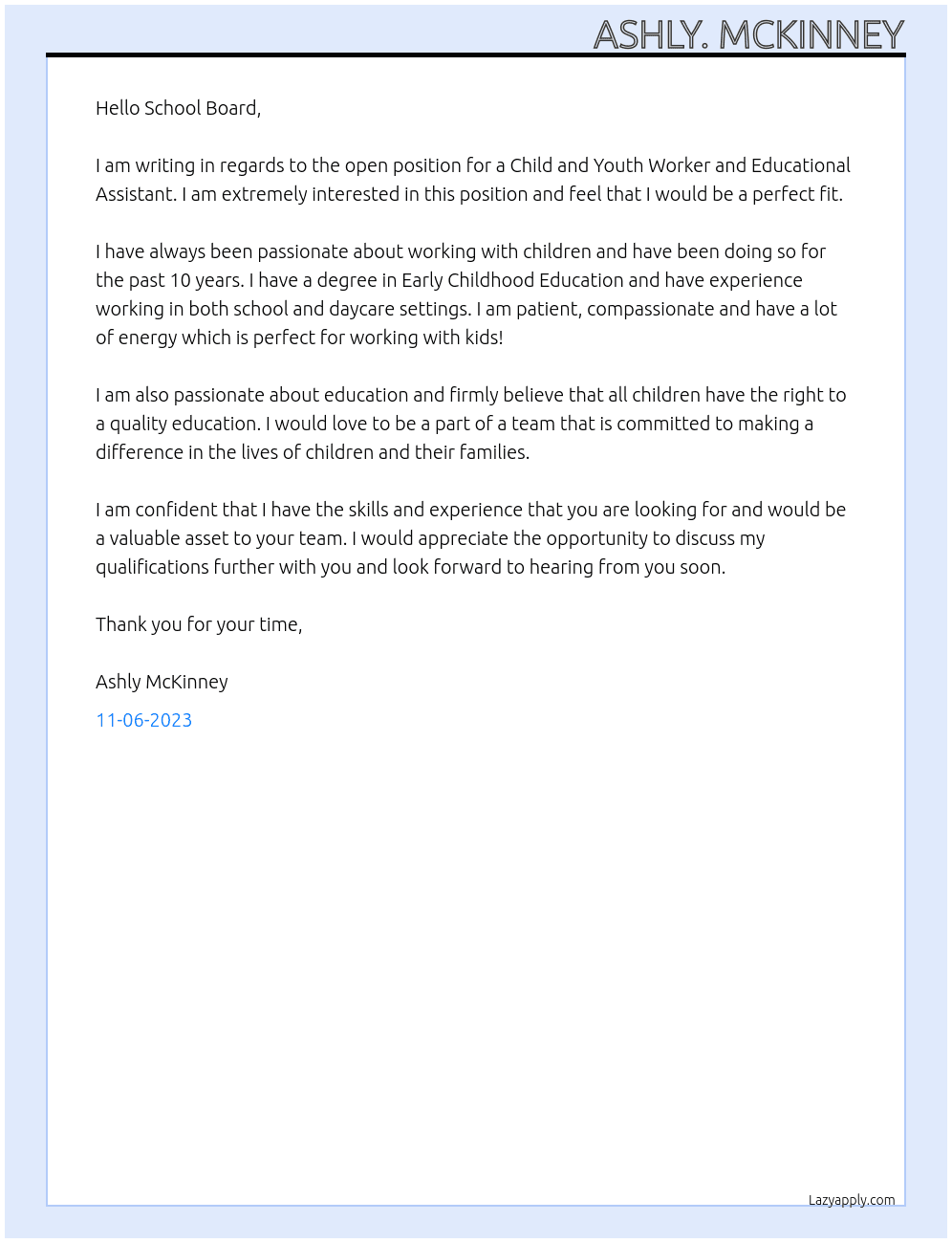 Child and youth worker and Educational Assistant At School board Cover Letter