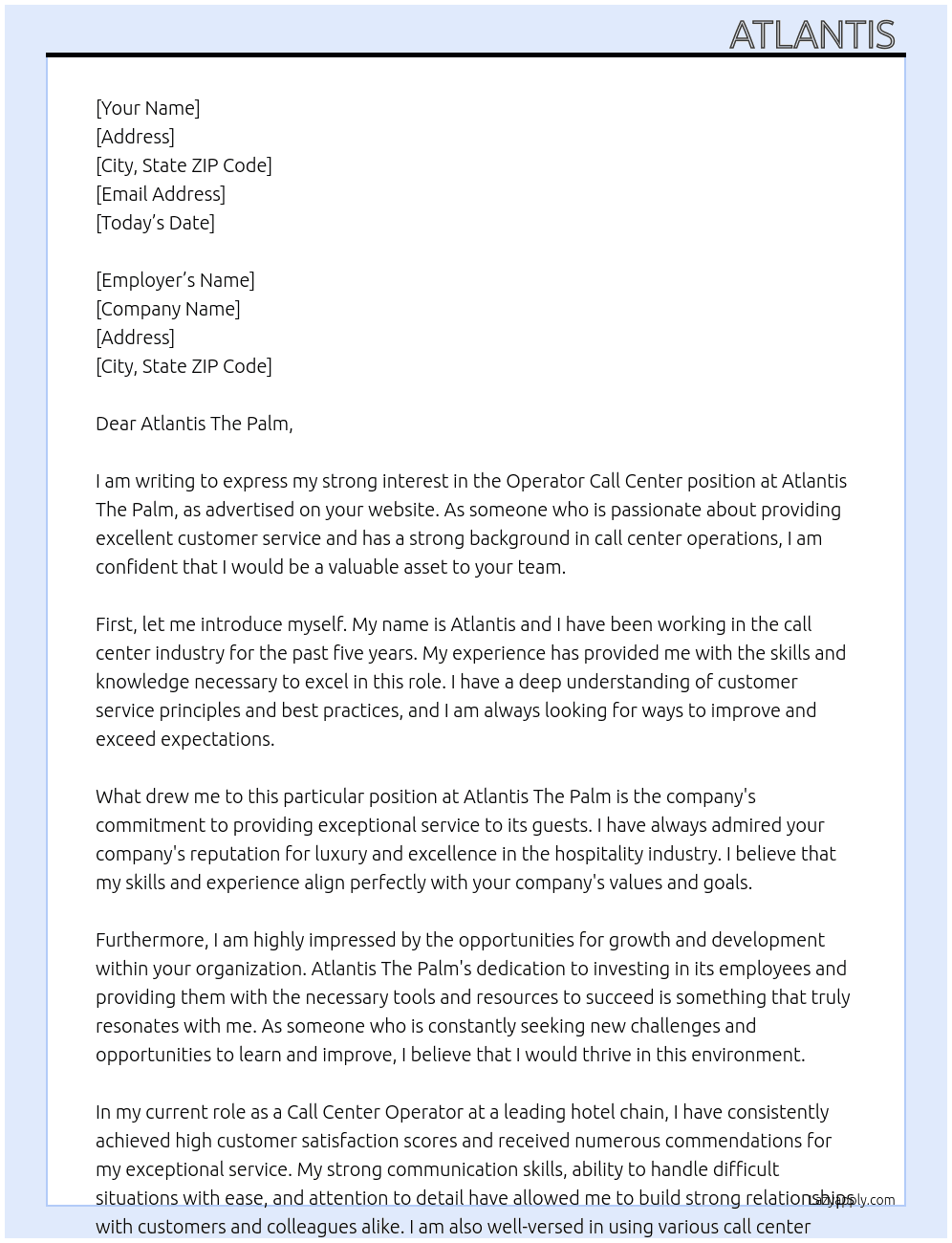 Operator Call center  At Atlantis The Palm Cover Letter