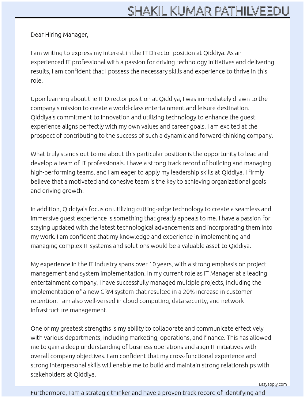 IT Director At Qiddiya Cover Letter