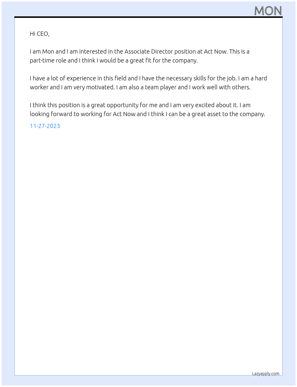 Associate Director At Act Now Cover Letter