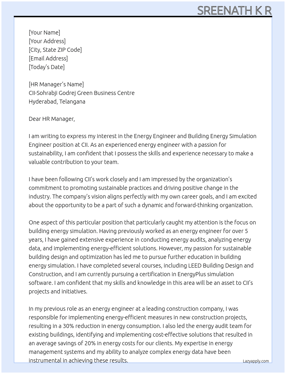 Energy engineer and building energy simulation engineer At CII Cover Letter