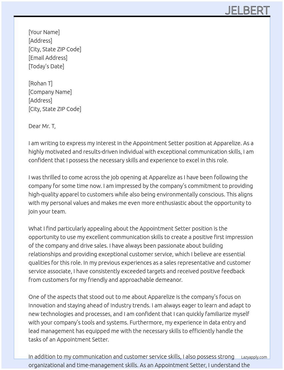 Appointment Setter At Apparelize Cover Letter