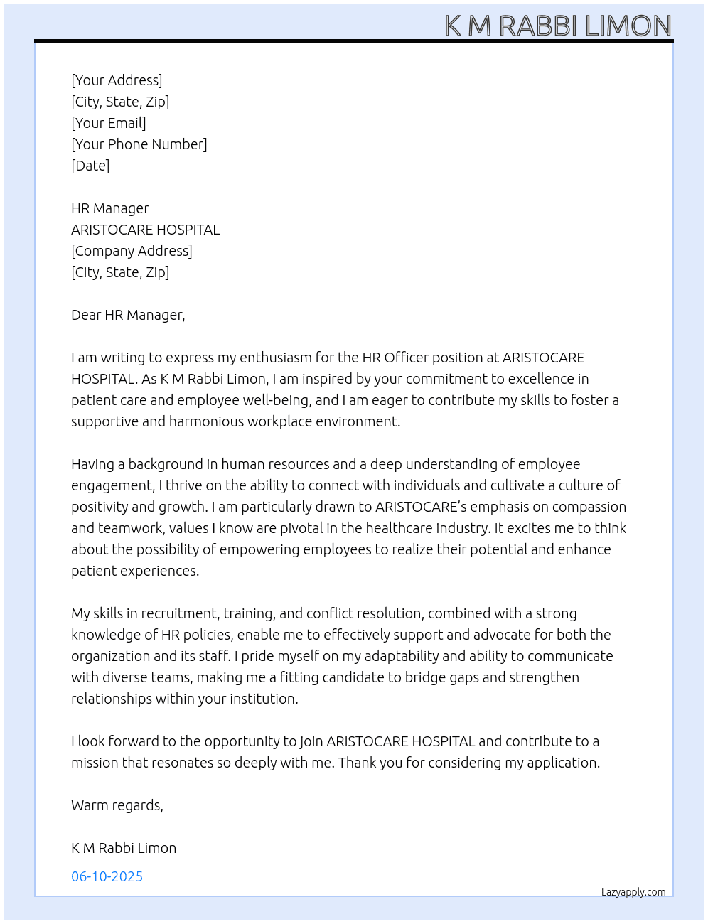 HR Officer At ARISTOCARE HOSPITAL Cover Letter