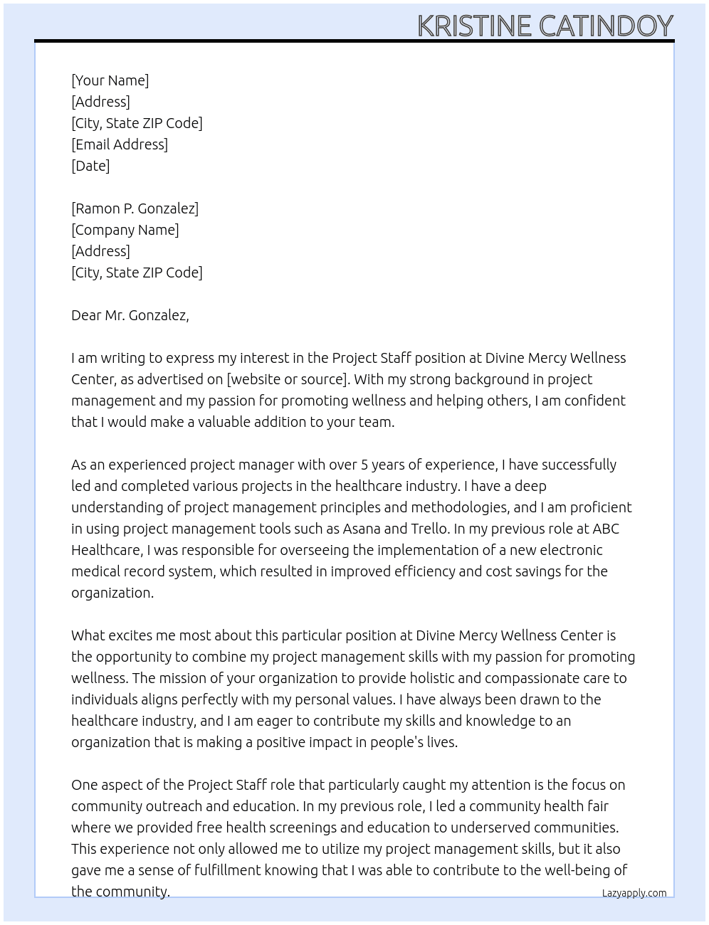 Project Staff  At Divine Mercy Wellness Center Cover Letter