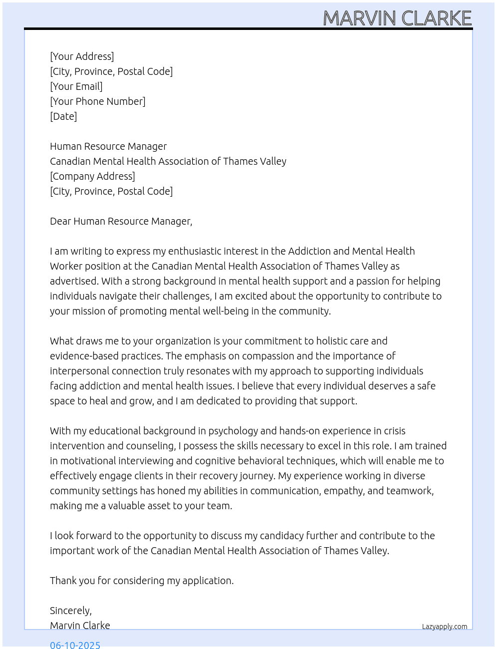 Cover letter for addiction and mental health worker - LazyApply