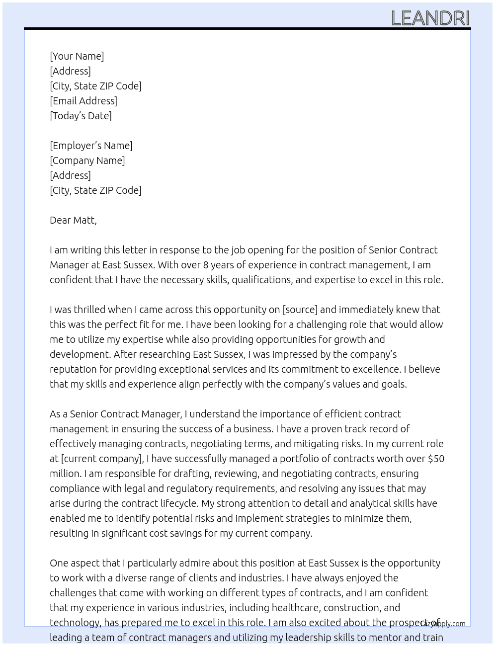 Senior Contract Manager At East Sussex Cover Letter