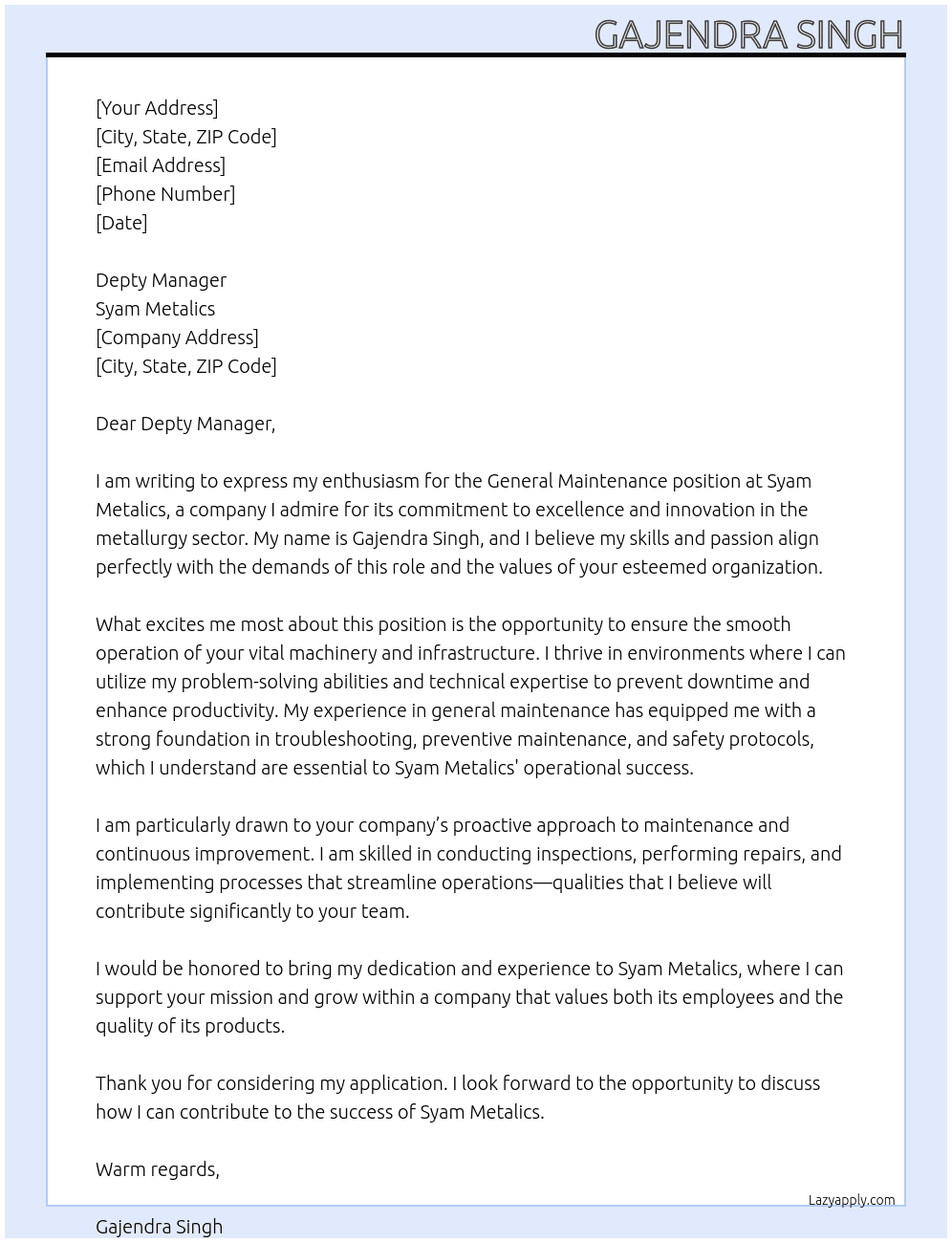 Ganral mantinance At Syam metalics Cover Letter