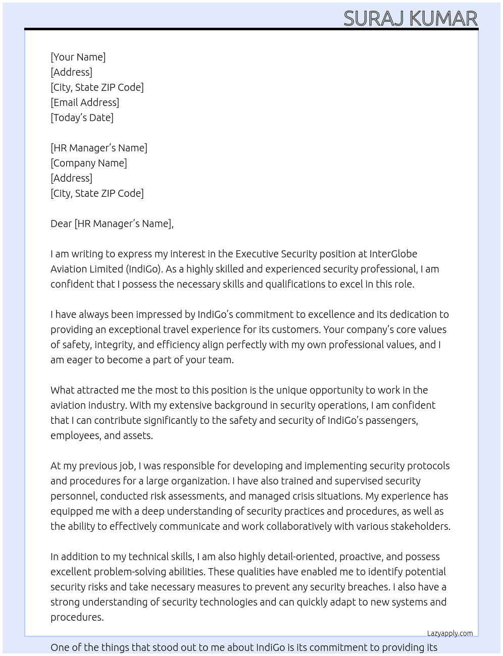 Executive Security At  InterGlobe Aviation Limited (IndiGo) Cover Letter