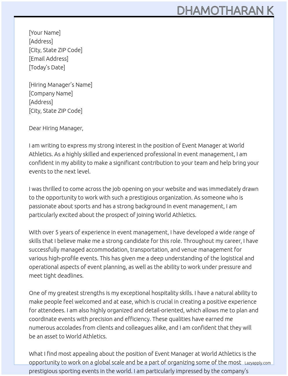 Event Manager  At World Athletics  Cover Letter