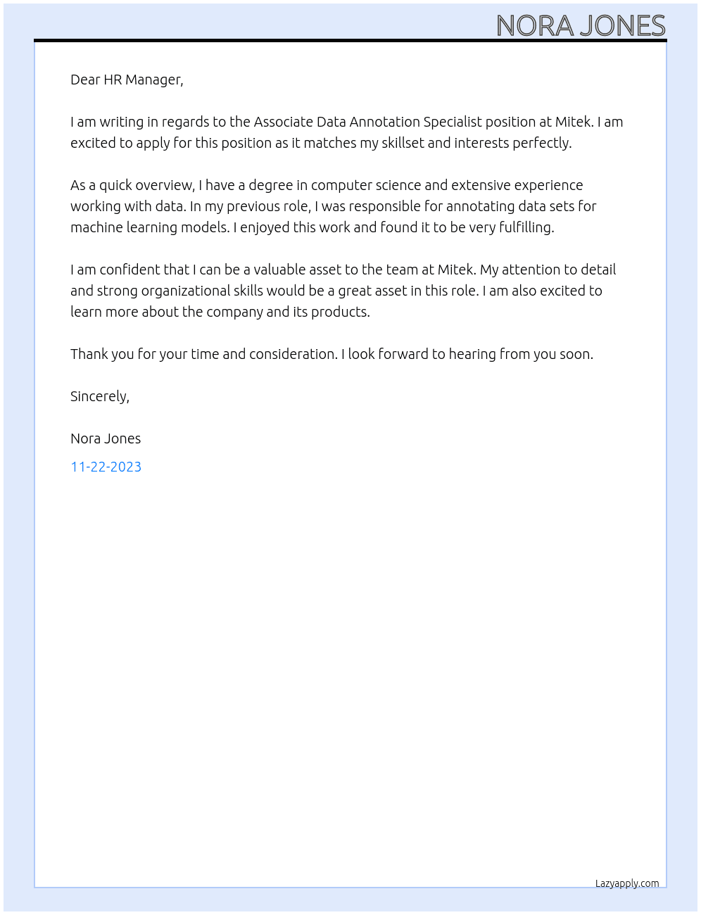 Associate Data Annotation Specialist At Mitek Cover Letter