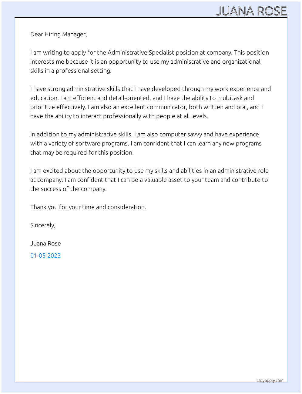 Administrative Specialist At company Cover Letter