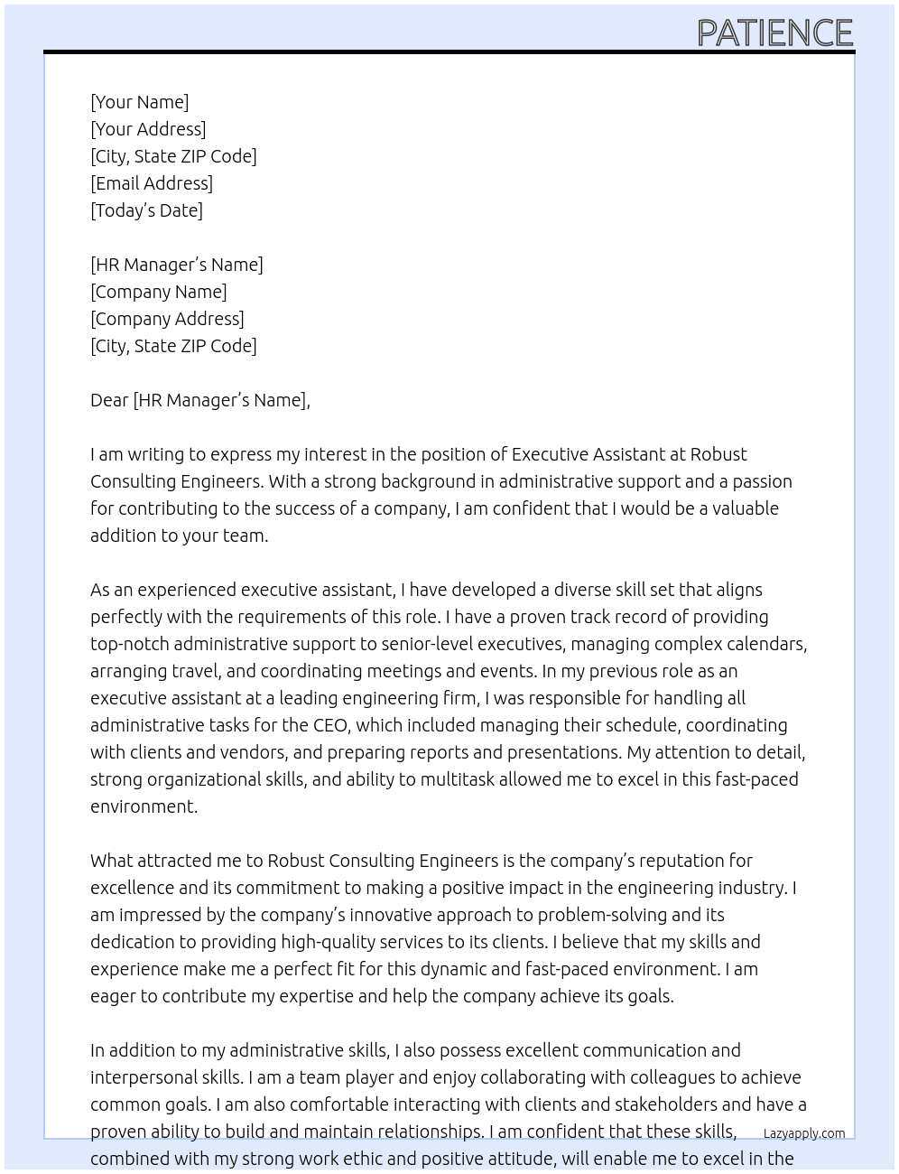 executive assistant At Robust Consilting engineers Cover Letter