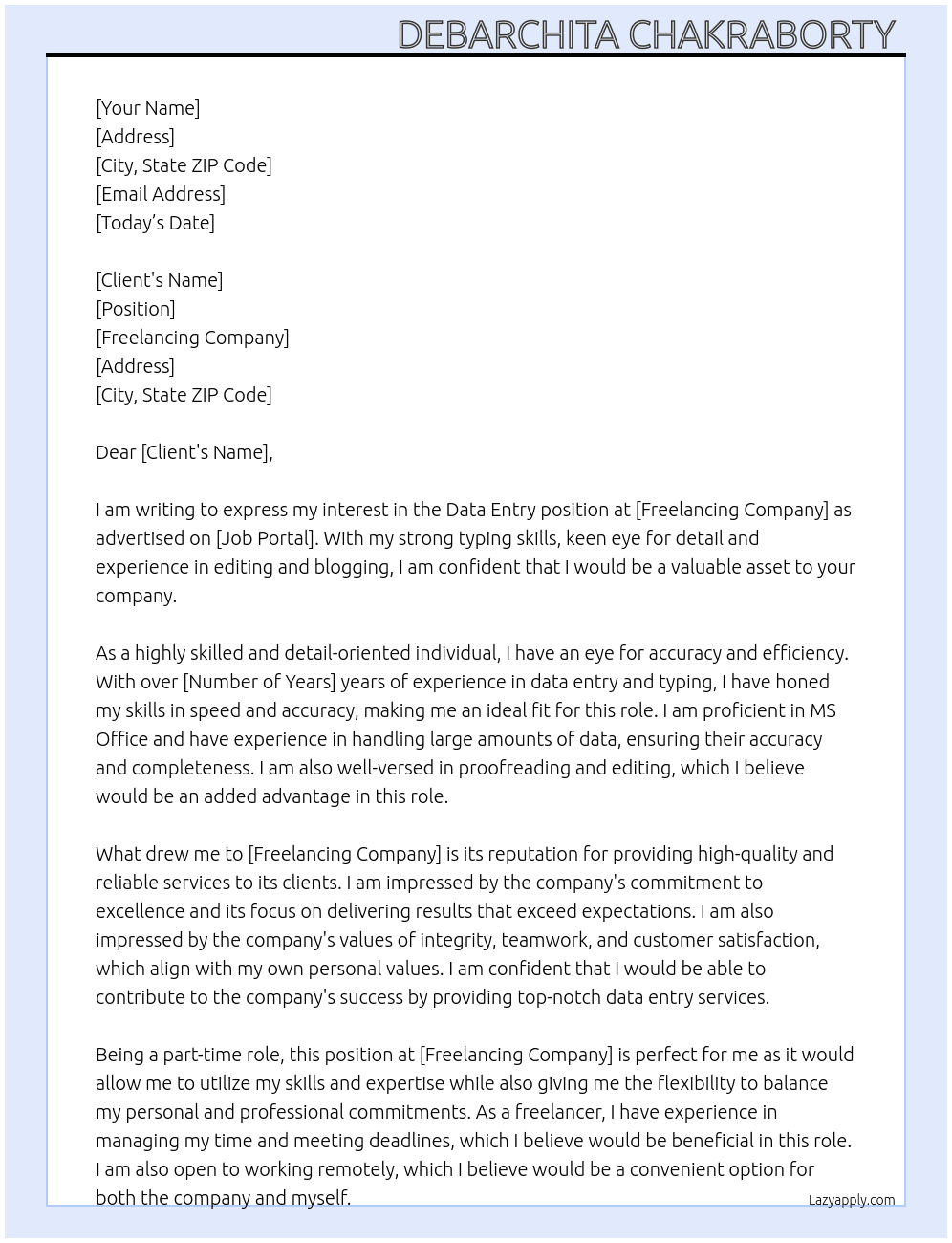 Data entry  At Freelancing company  Cover Letter