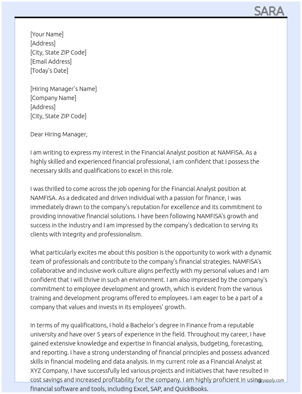 FINANCIAL ANALYST At NAMFISA Cover Letter