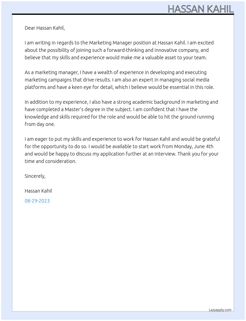 Marketing Manager At Hassan Kahil Cover Letter