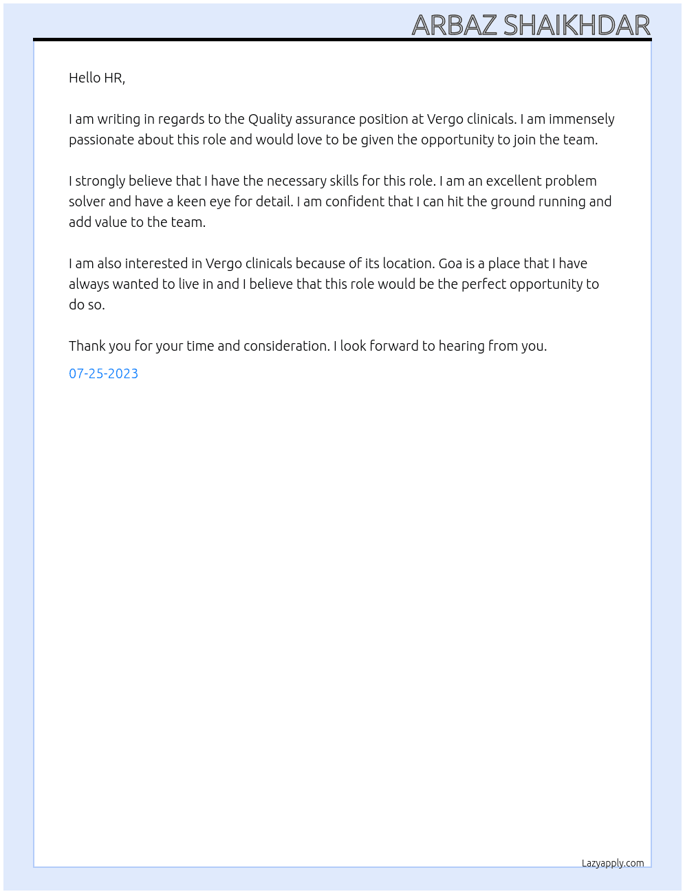 Quality assurance  At Vergo clinicals  Cover Letter