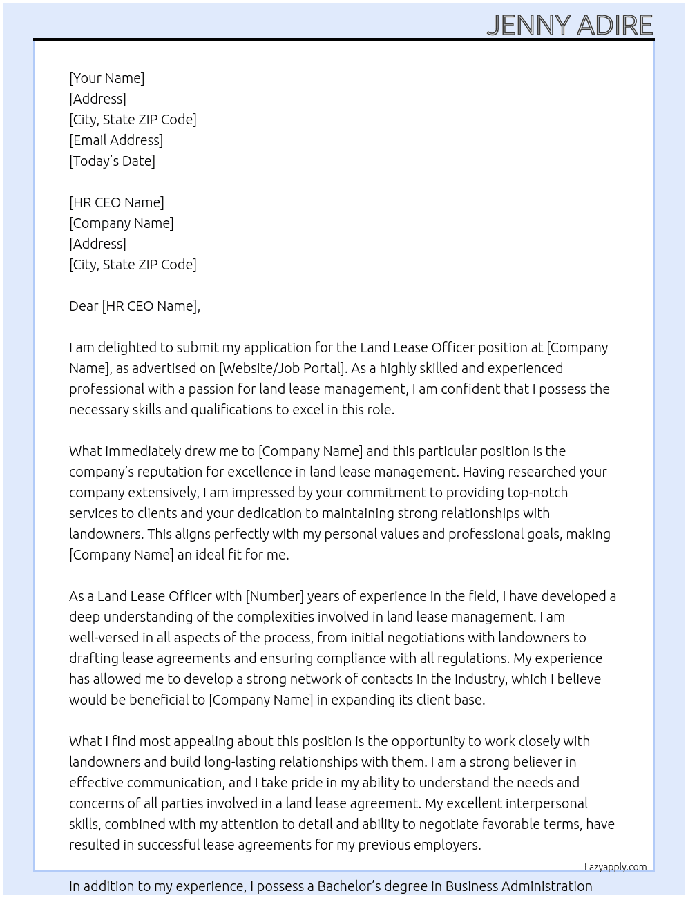 LAND LEASE OFFICER At LAND LEASE MANAGER Cover Letter