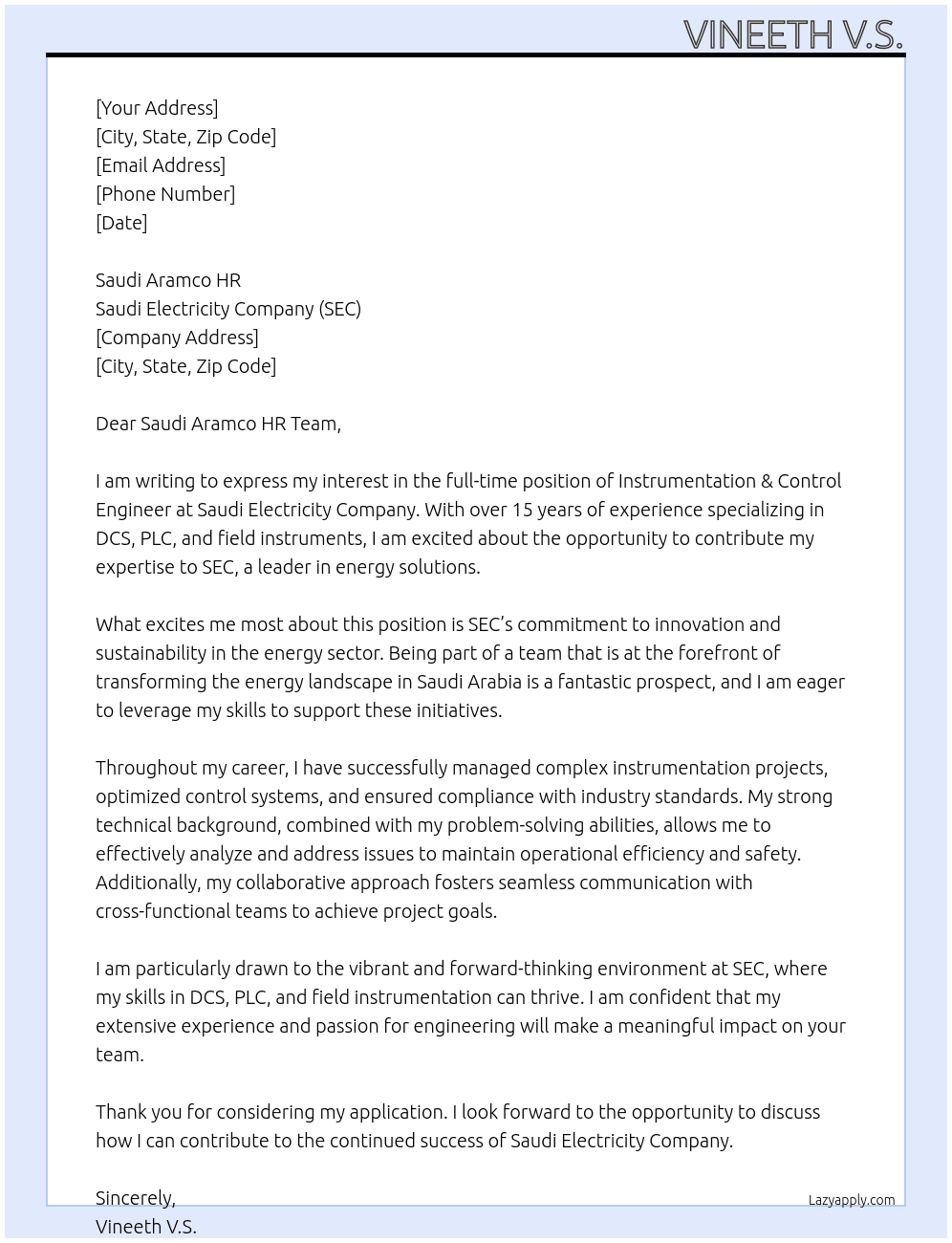 Cover letter for instrumentation & control engineer-15+ years - LazyApply