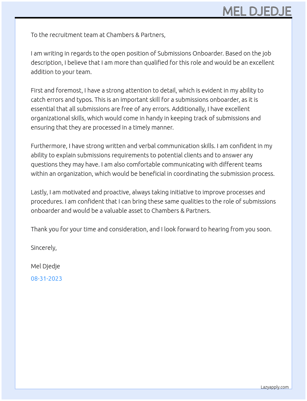 Submissions Onboarder. At Chambers & Partners Cover Letter