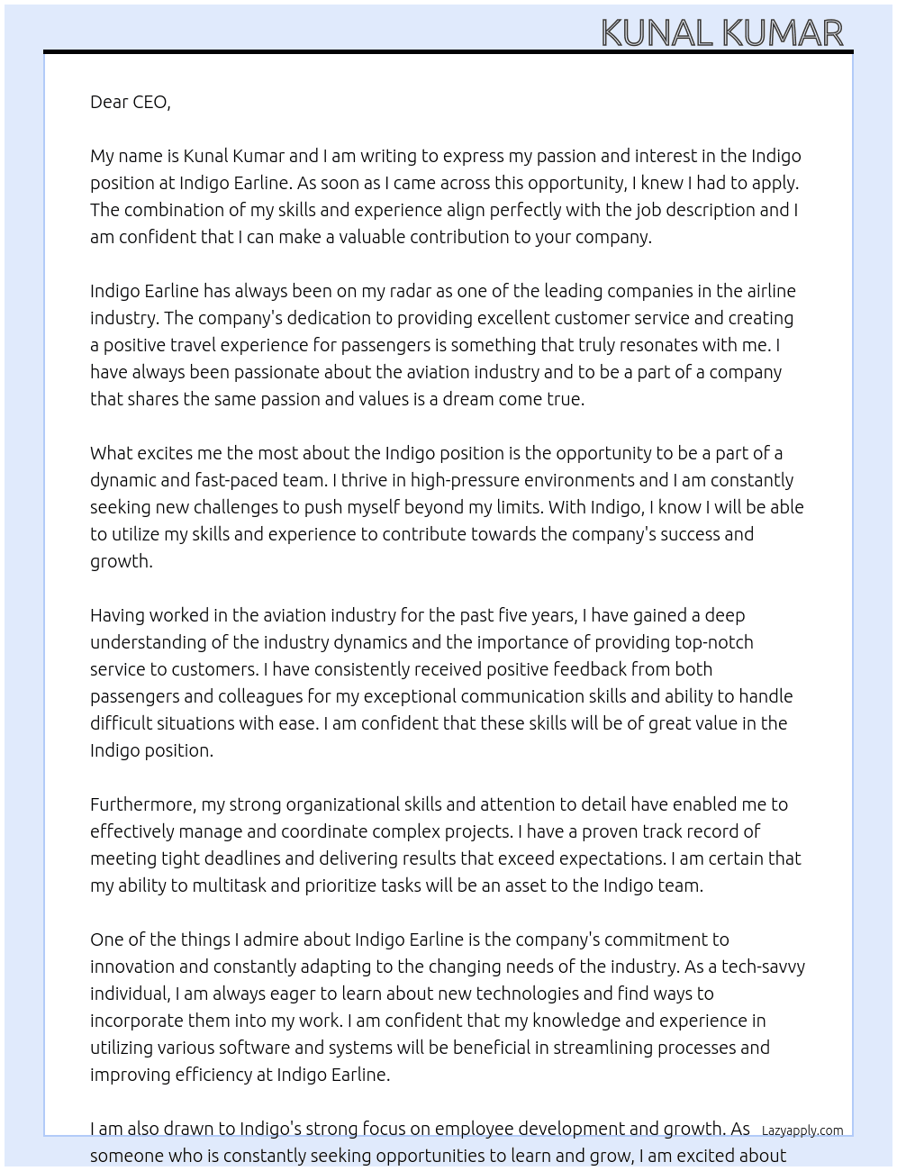 Indigo  At Indigo earline  Cover Letter