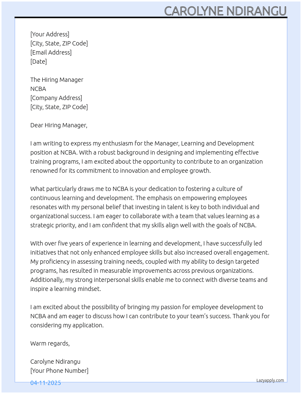Cover letter for manager, learning and development - LazyApply
