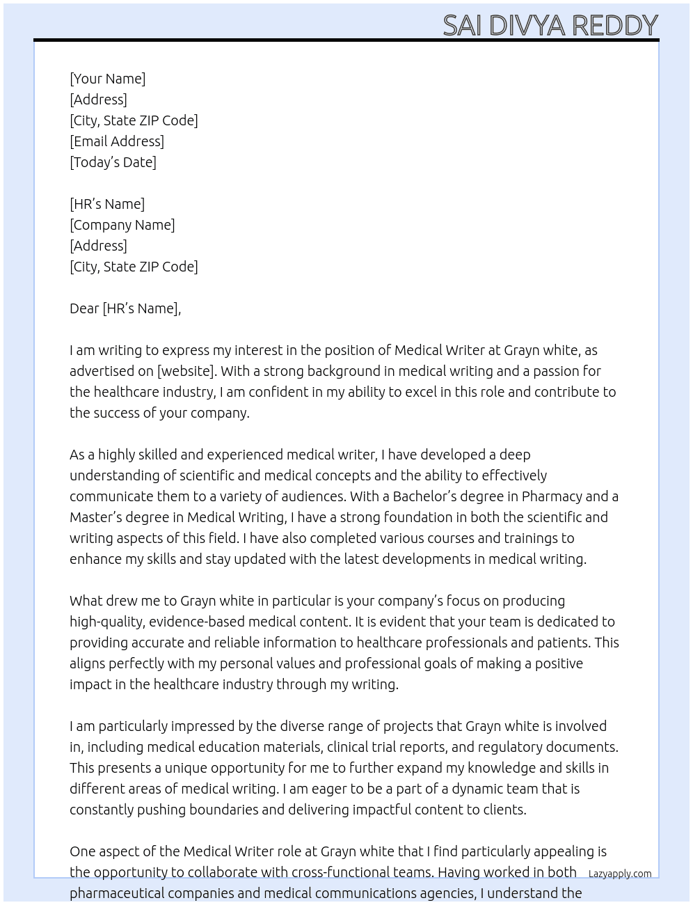 Medical writer  At Grayn white Cover Letter
