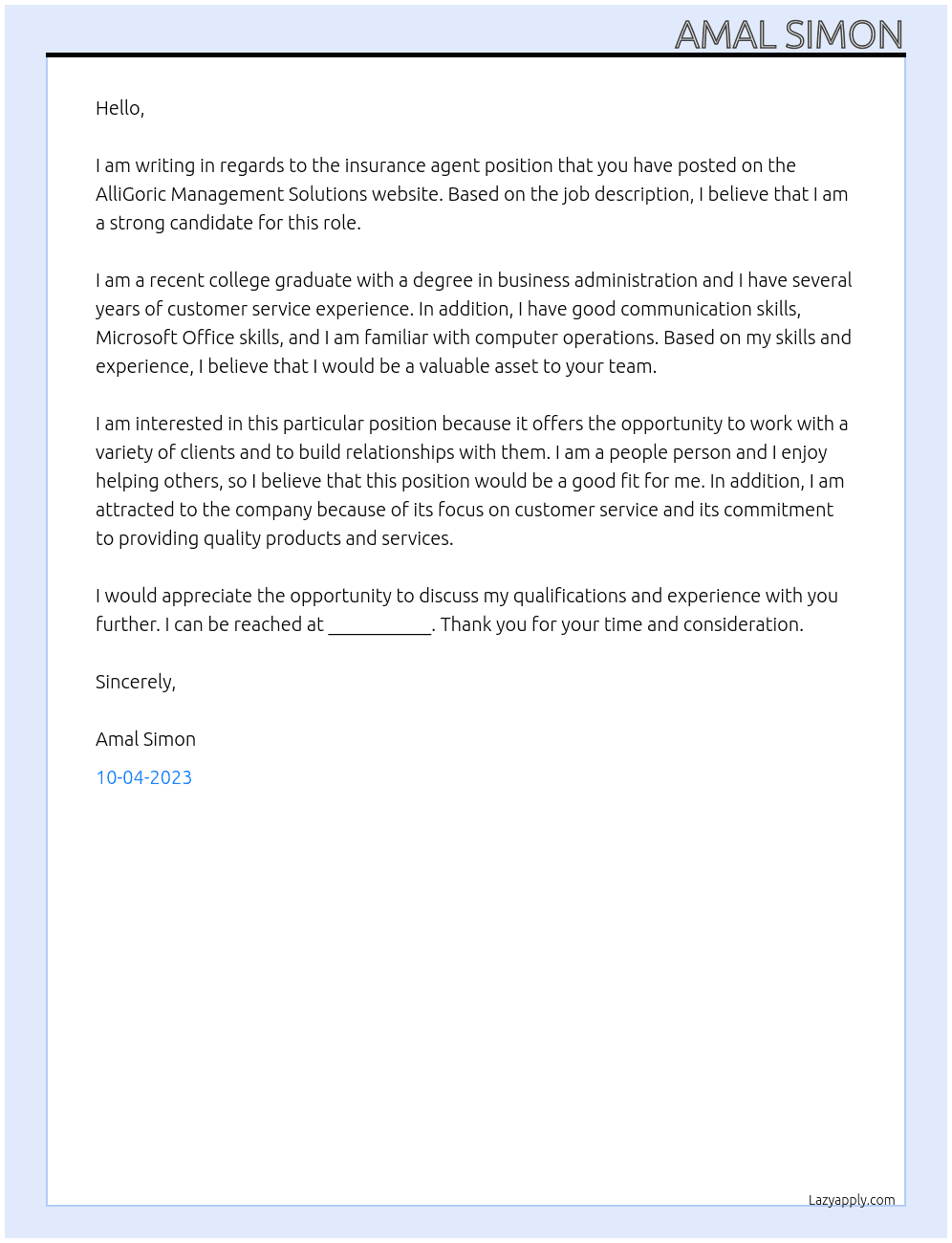 Insurance Agent At AlliGoric Management Solutions Cover Letter