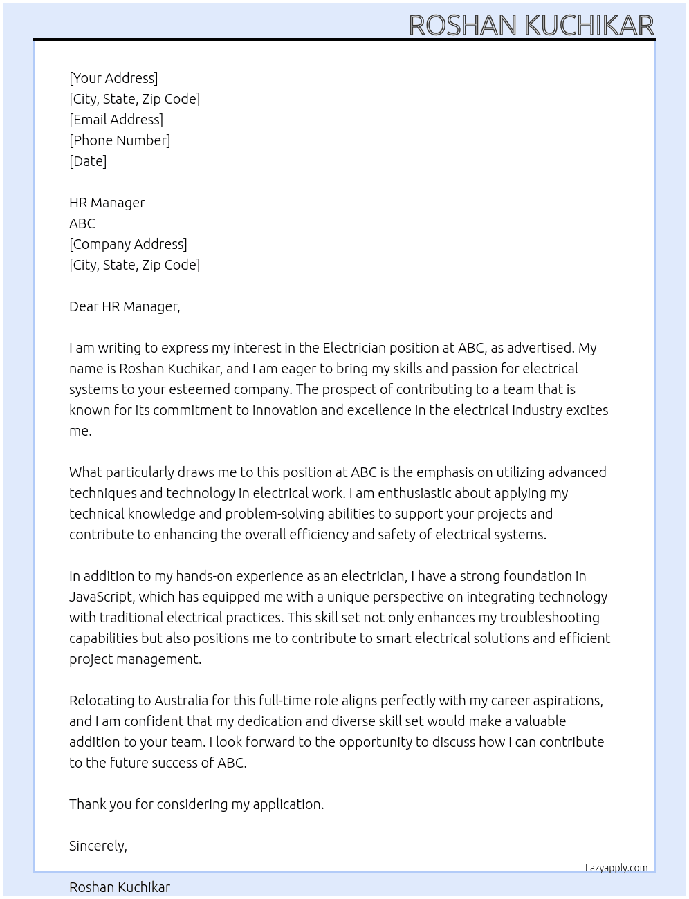 Electrician At ABC Cover Letter