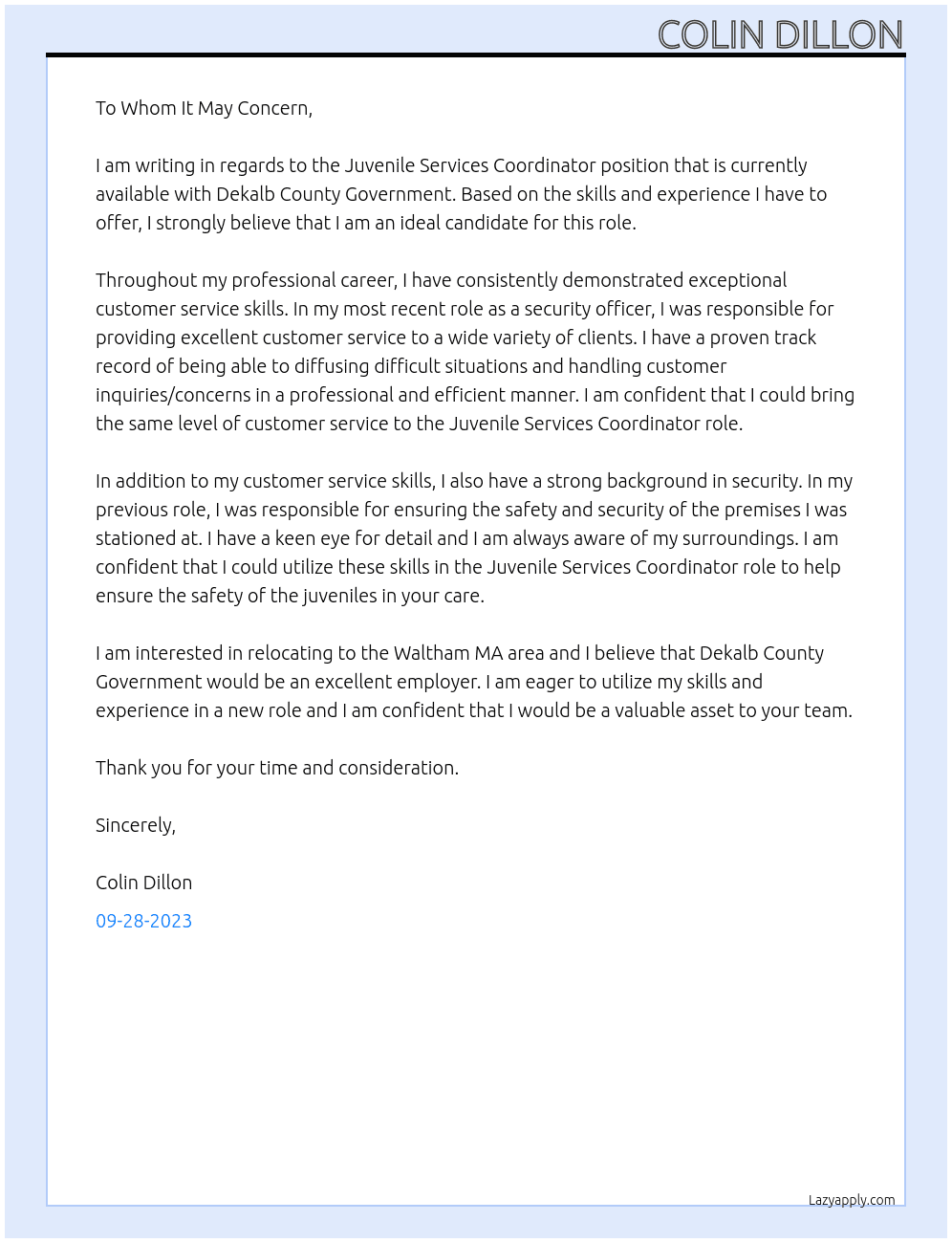 Juvenile Services Coordinator At Dekalb County Government Cover Letter