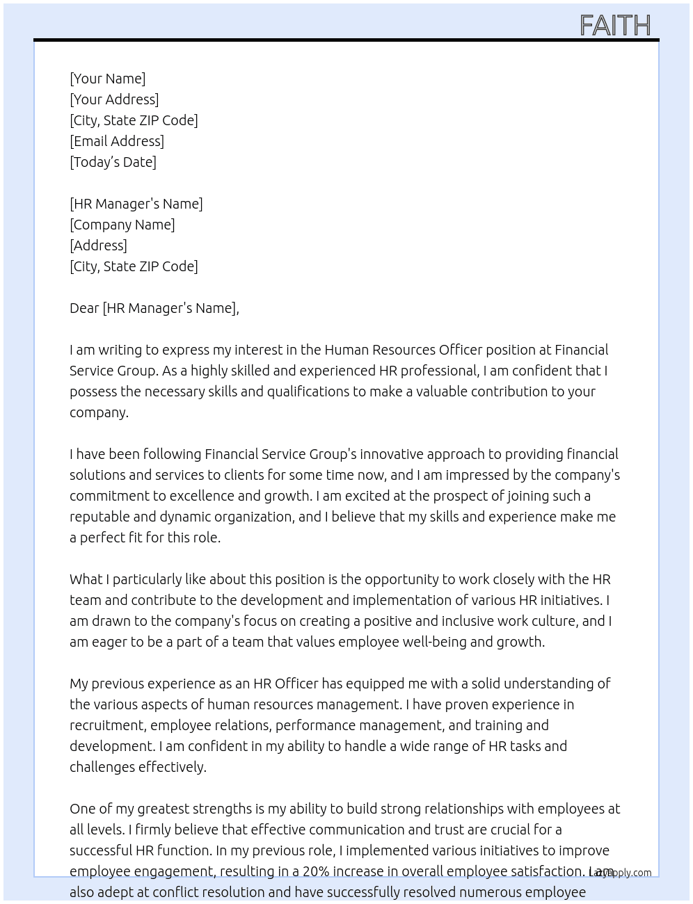 Human Resources Officer  At Financial service group  Cover Letter