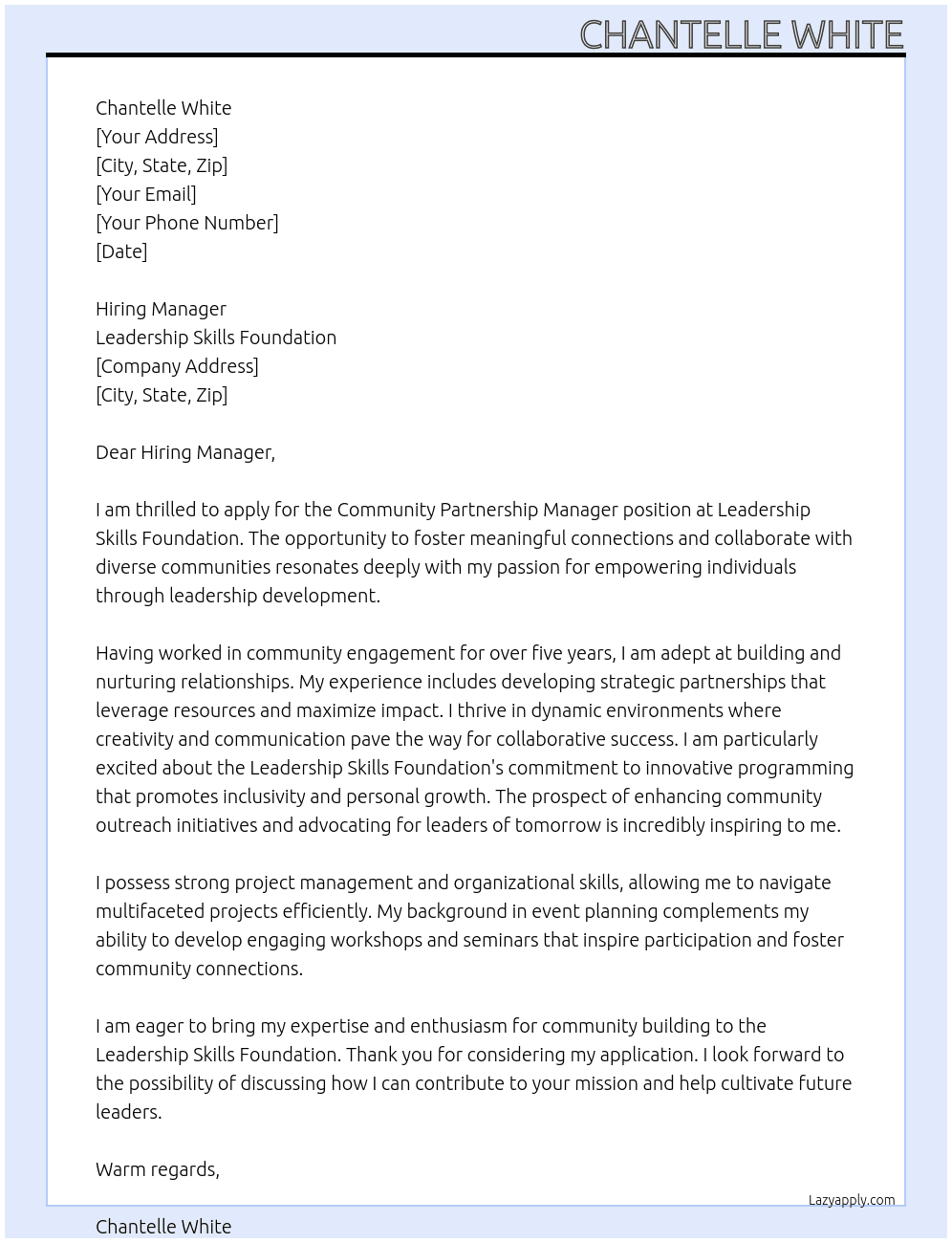 Community Partnership Manager At Leadership Skills Foundation Cover Letter