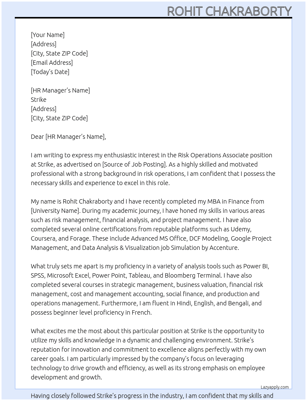 Cover letter for risk operations associate - LazyApply