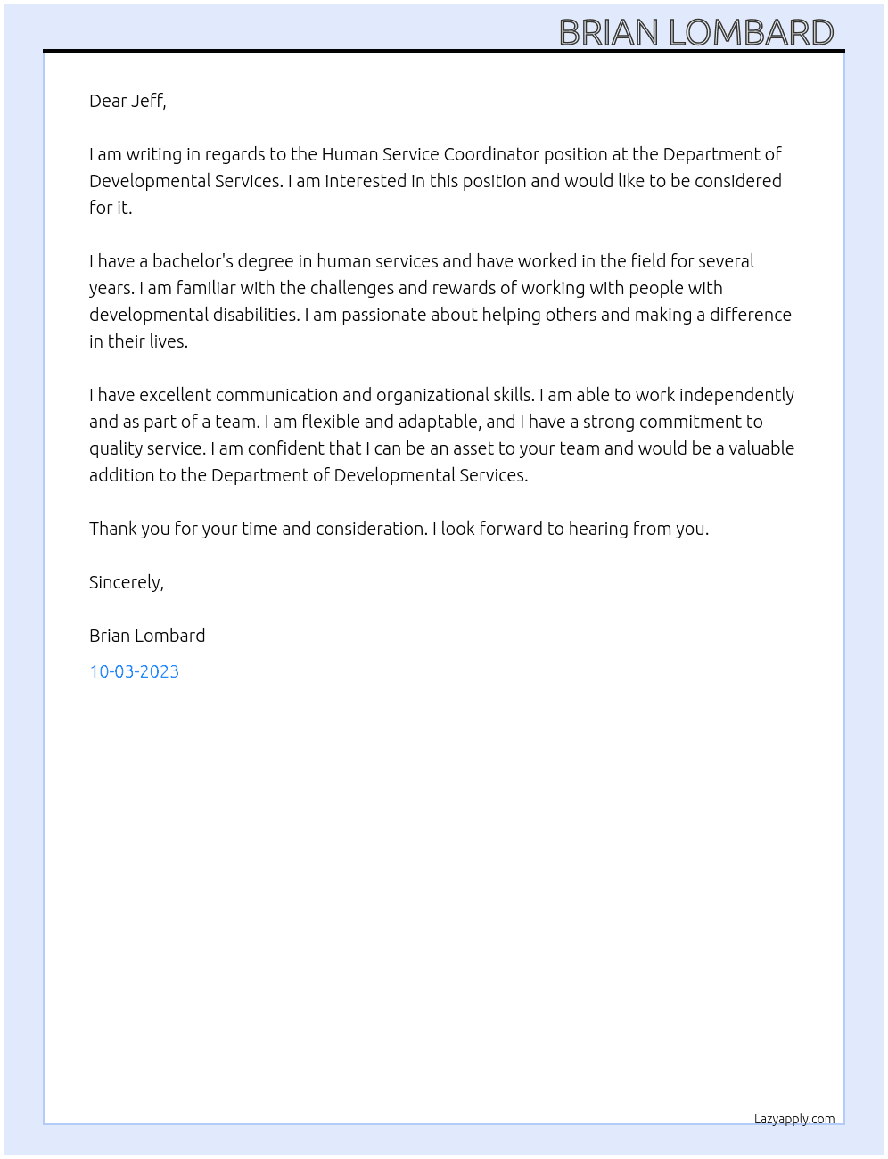 Human Service Coordinator  At Department of Developmental Services  Cover Letter