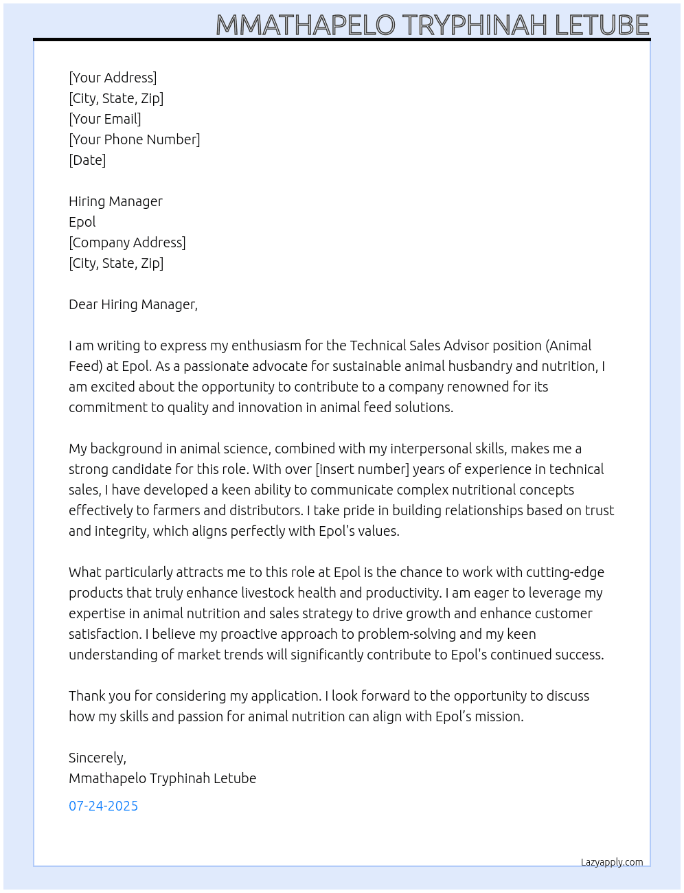 Technical sale advisor (Animal feed) At Epol Cover Letter
