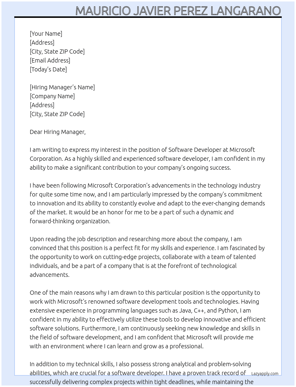 Software Developer At Microsoft Corporation Cover Letter