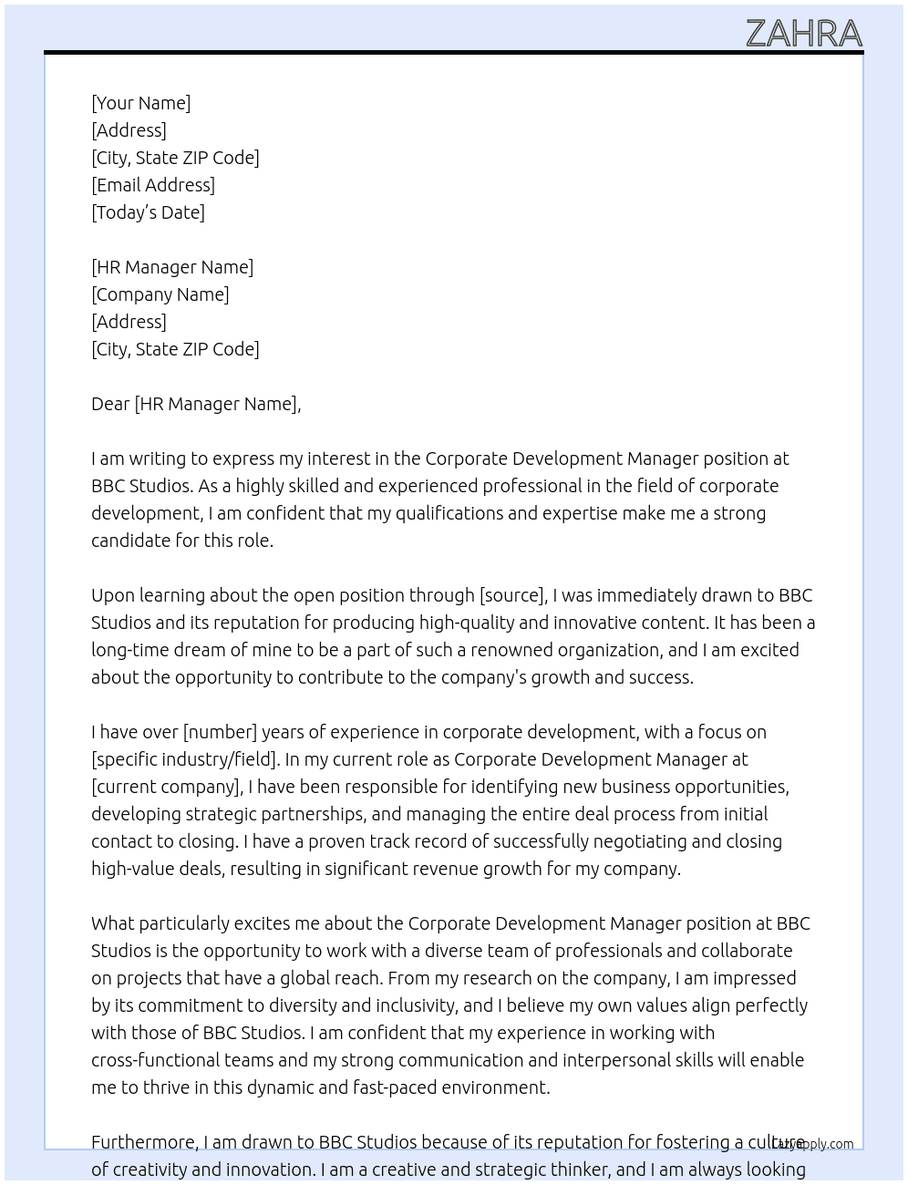 Corporate Development Manager At BBC Studios Cover Letter