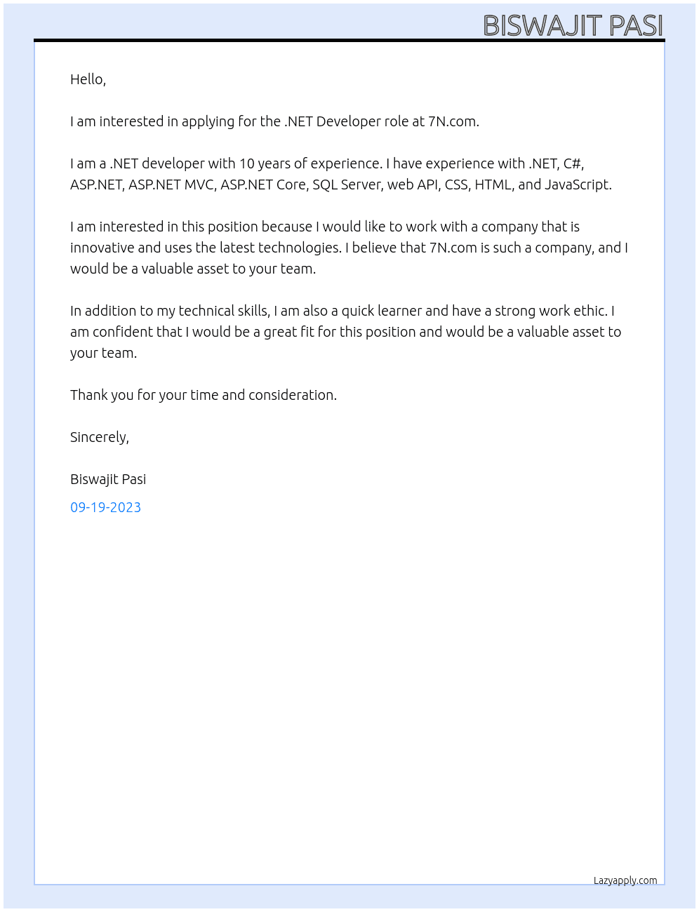 .NET Developer At 7N.com Cover Letter