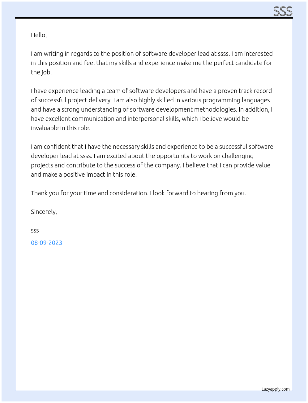 Software developer lead At ssss Cover Letter
