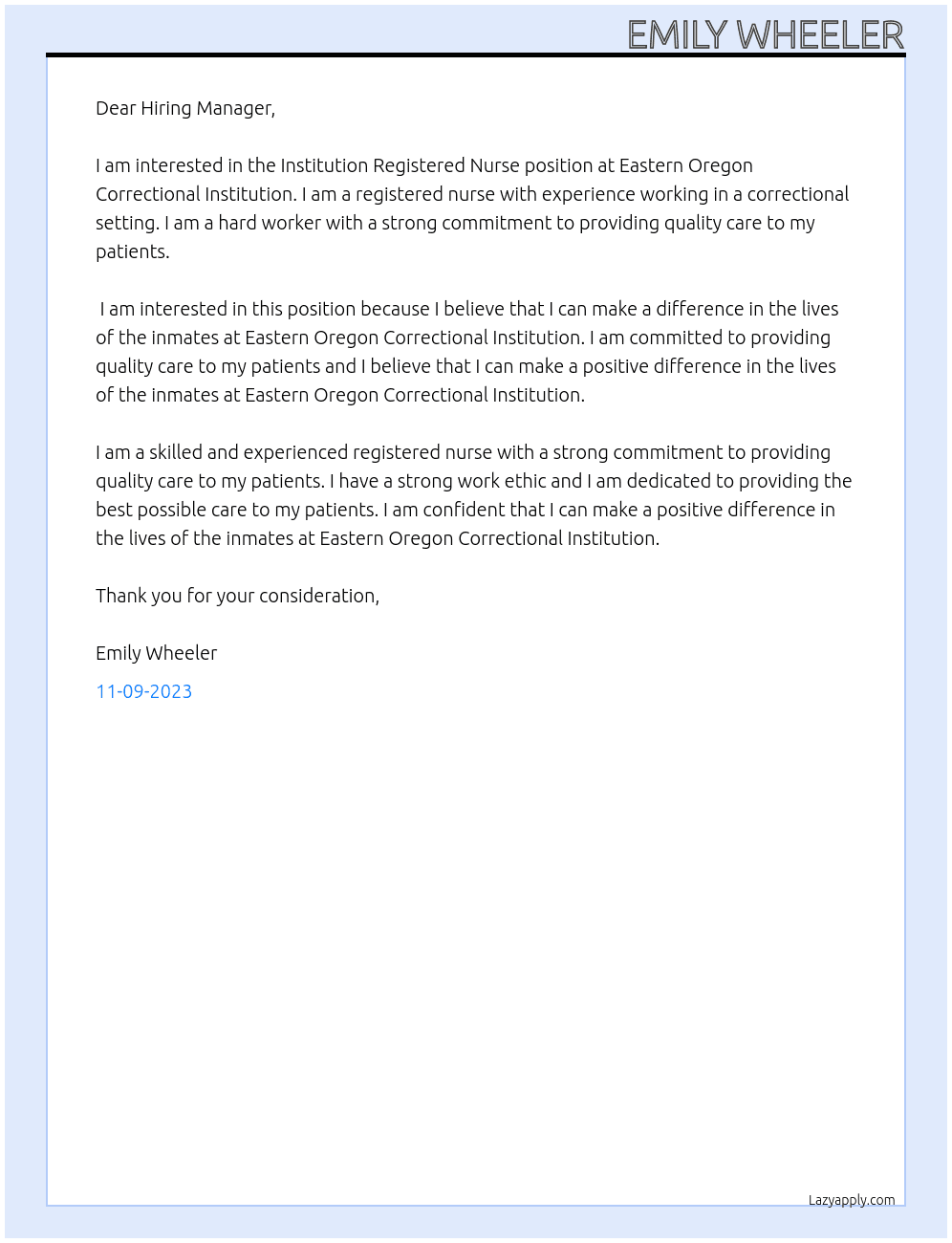 Institution Registered Nurse  At Eastern Oregon Correctional Institution Cover Letter