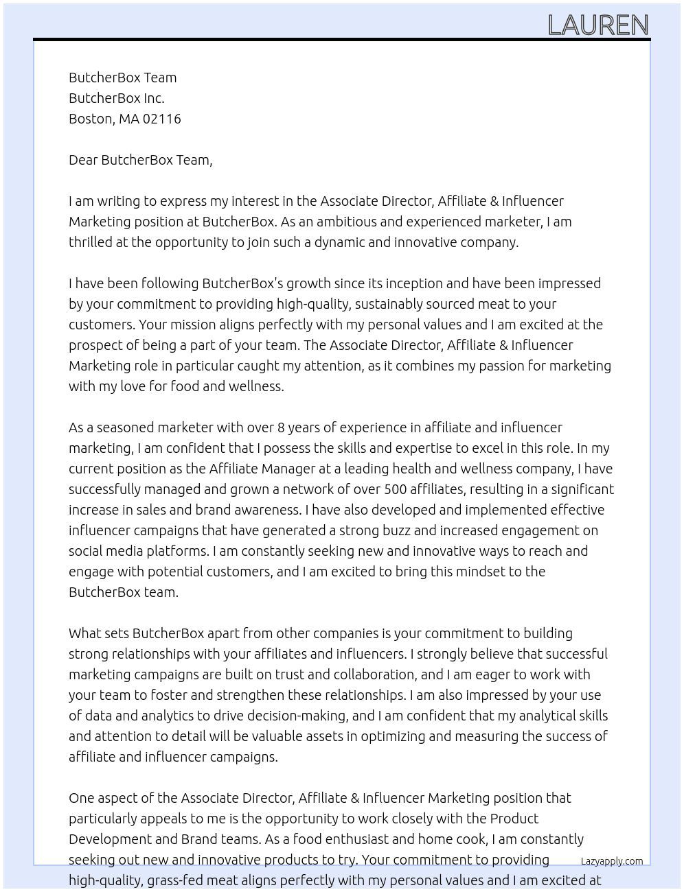 Associate Director, Affiliate & Influencer Marketing At ButcherBox Cover Letter