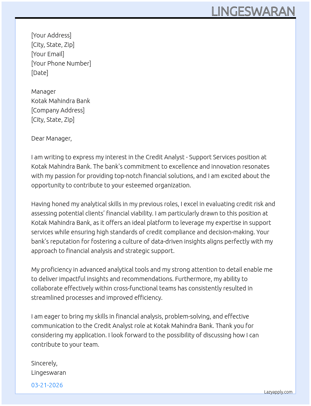 Credit analyst-support services-credit At kotak mahindra bank Cover Letter
