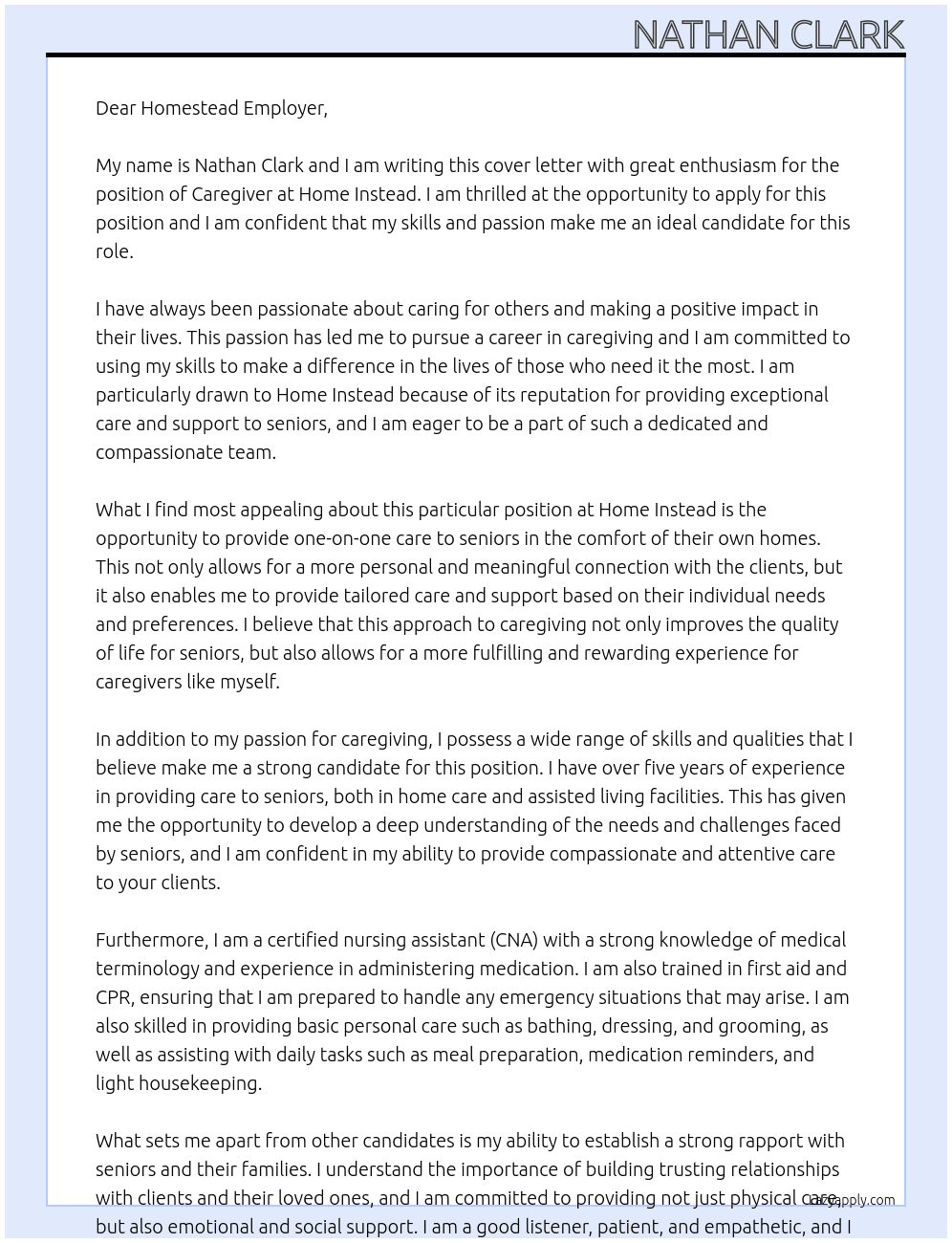 Caregiver At Home instead Cover Letter