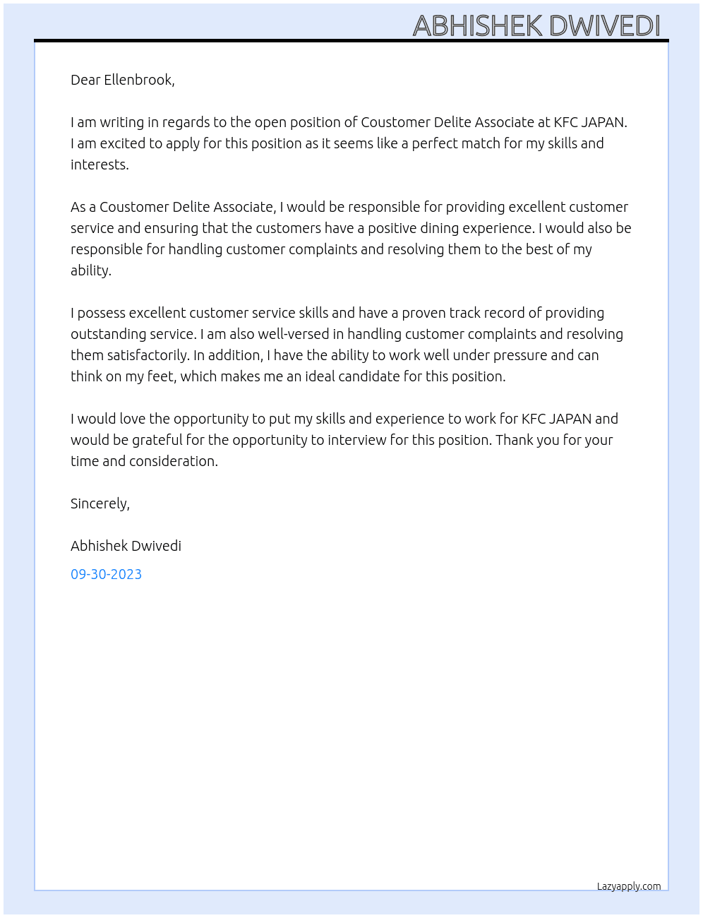 Coustomer Delite Associate  At KFC JAPAN Cover Letter
