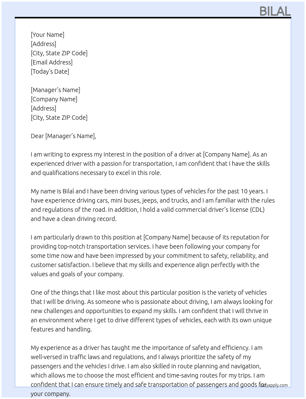 Driving Car,mini Bus,jeep,truck At Bilal Cover Letter